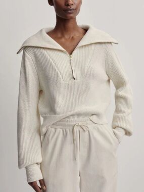 Varley Ivory Cream Egret Cotton Half Zip Mentone Sweater - Small